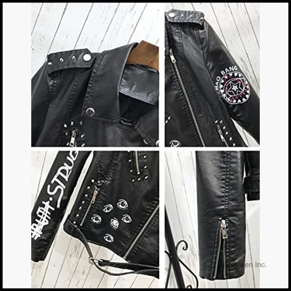 Faux Leather Punk Biker Jacket with Belt and Rivet Decoration - Picture 4 of 7